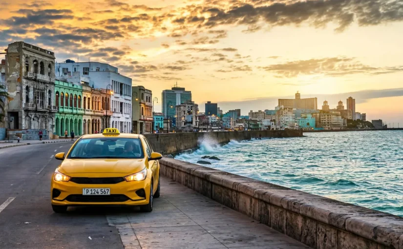 Rutas de taxi en Cuba: taxi amarillo moderno en el Malecón de La Habana